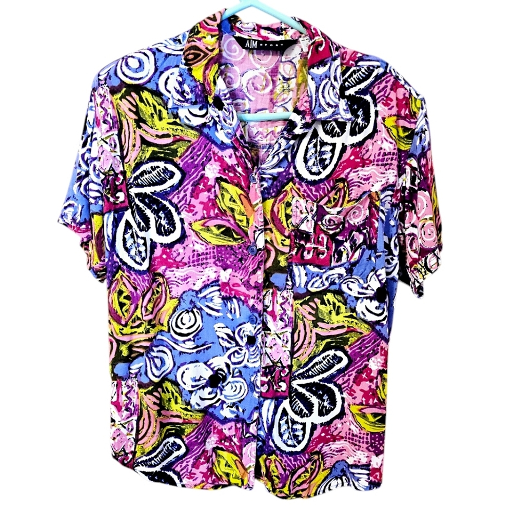 Vtg 90s Multicolor Floral Short Sleeve Shirt
